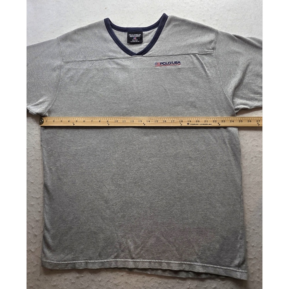 Polo Ralph Lauren Vintage Men's Gray Blue Ringer Polo USA V-Neck Shirt. Size L - Picture 4 of 8